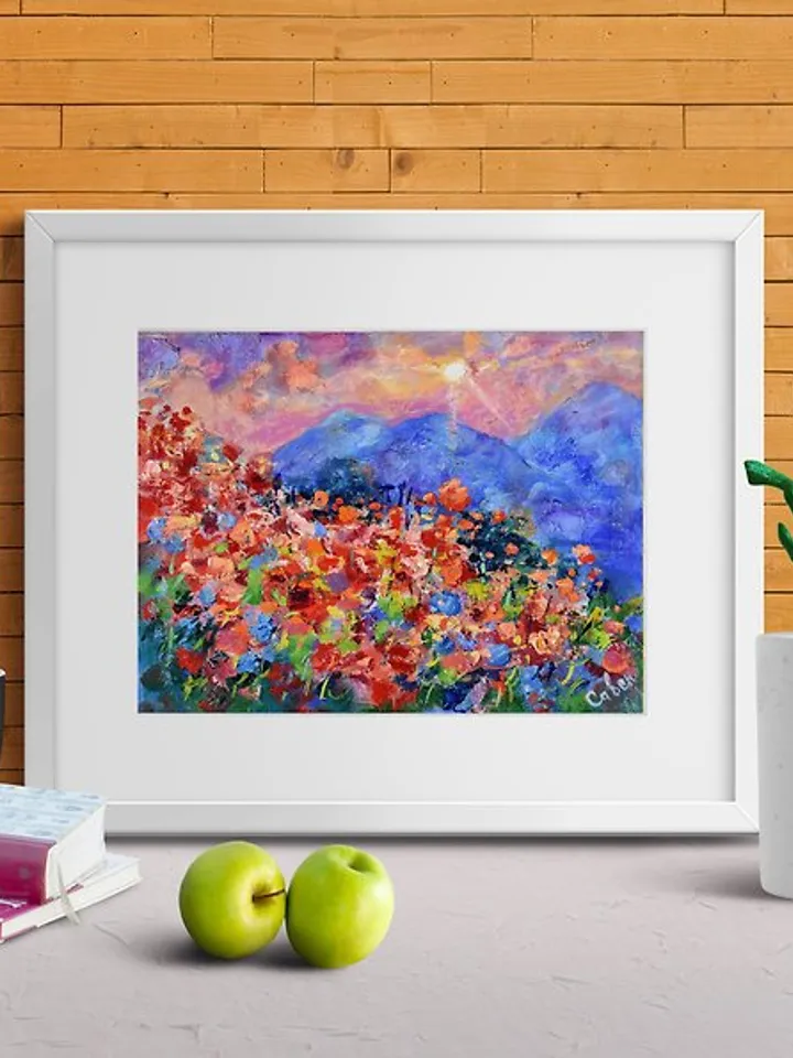 Italy Painting Poppy Original Art Landscape Flower Sunset Small Art Wall
