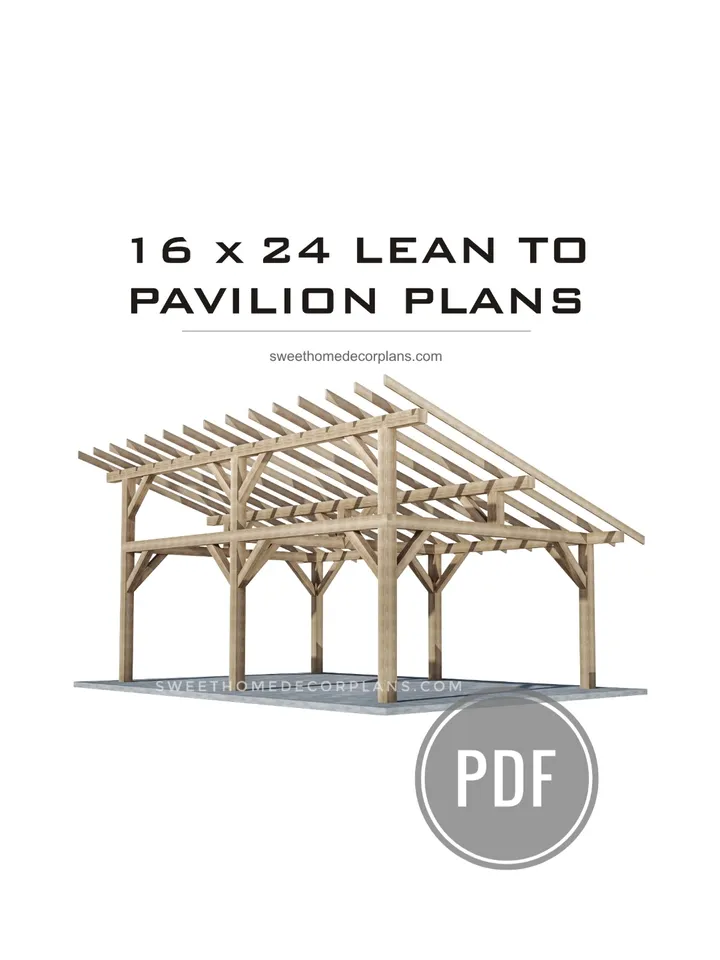 DIY 16 x 24 lean to pavilion plans pdf. Detached carport plans. Wooden covered gazebo outdoor plans. Timber frame backyard garage plans.