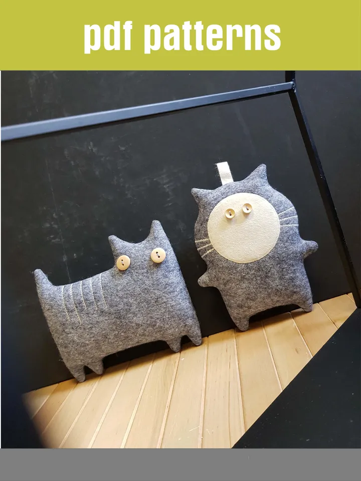 2 Felt Cats sewing patterns, set of 2 digital tutorials in english, Felt animals patterns