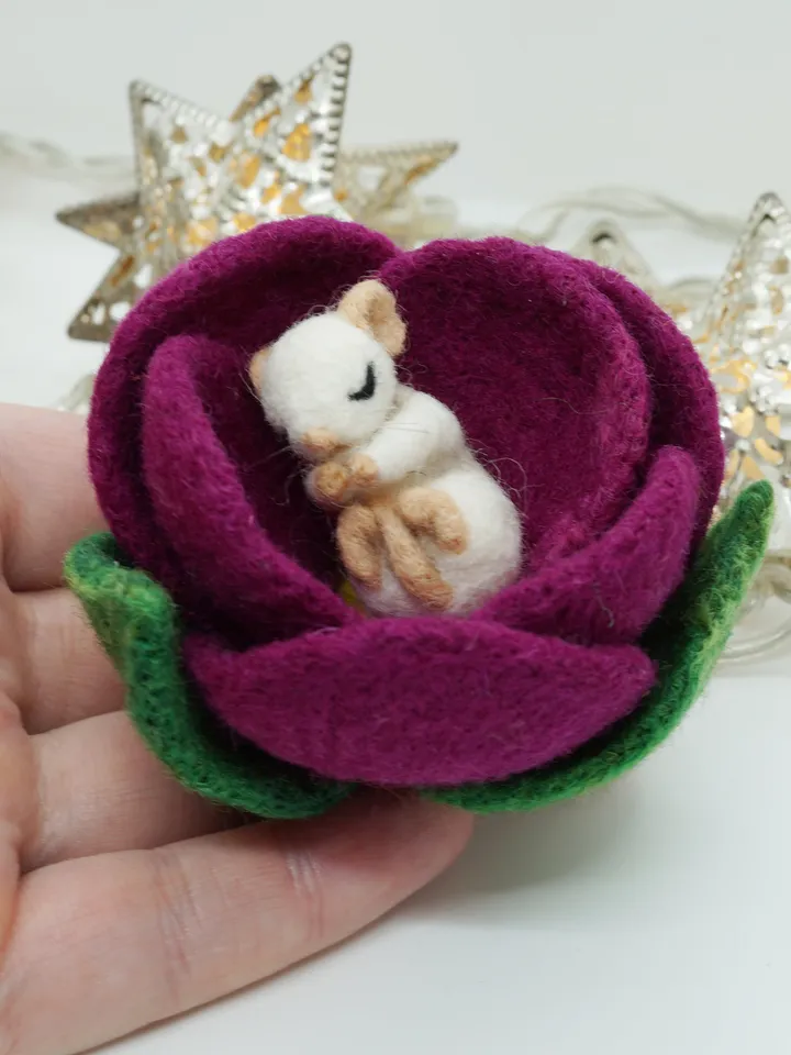 Miniature needle felted mouse sleeping in a purple flower, baby mouse, white mouse, made to order