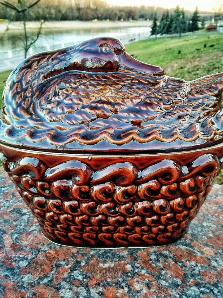 Ceramic pottery casserole Casserole with lid and handles carved pattern Handmade
