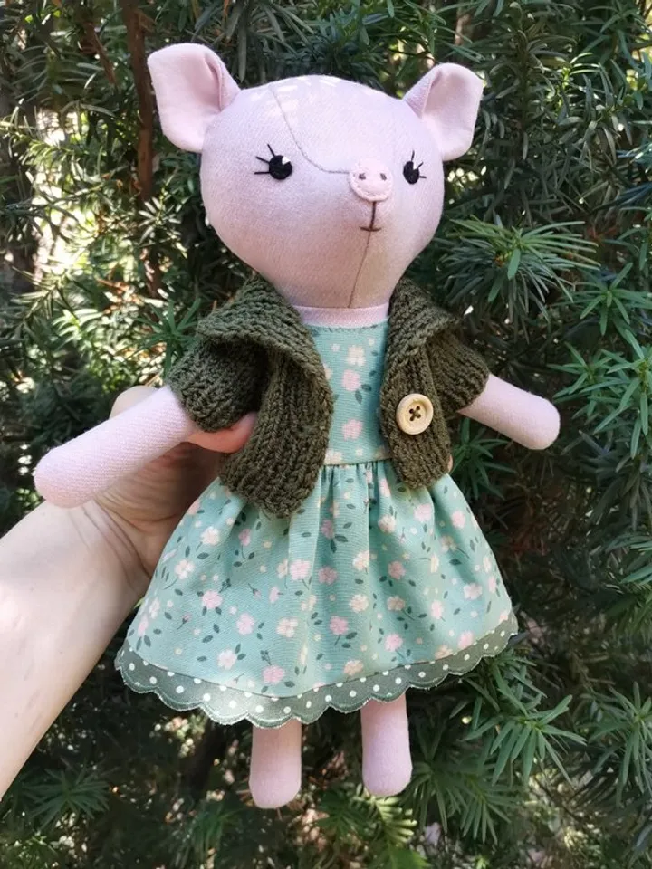 Pink pig girl, handmade wool plush toy, textile stuffed piggy doll