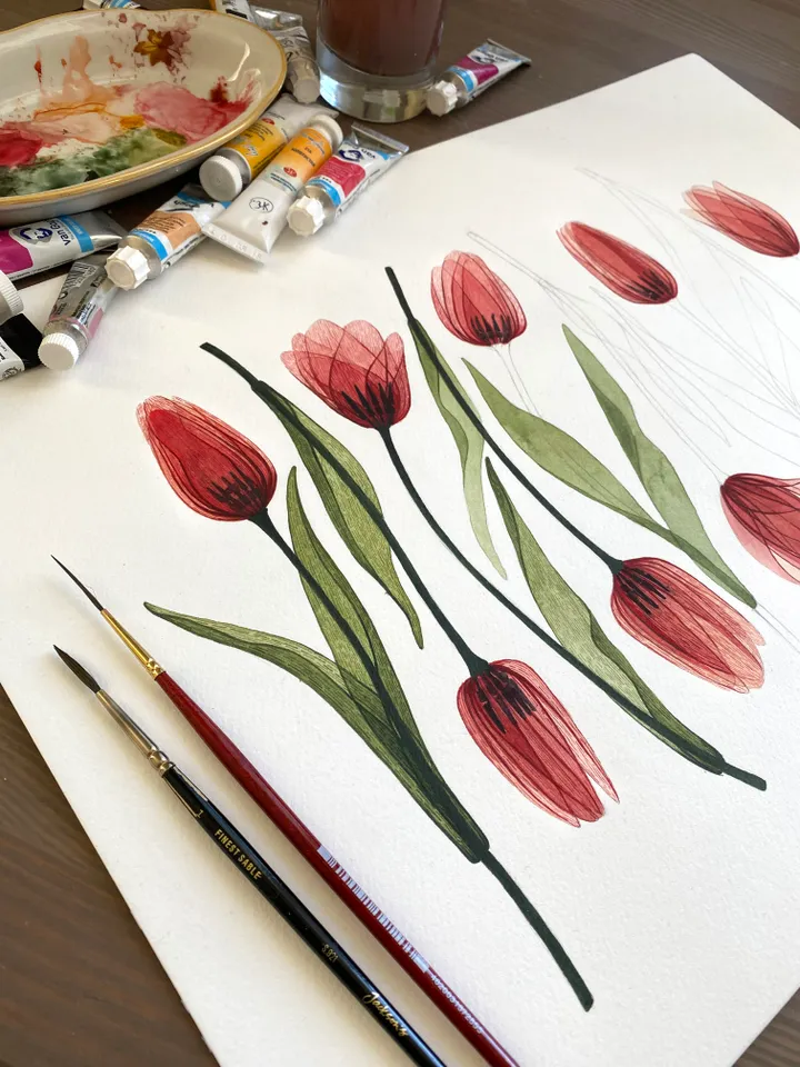 Watercolor print Tulips, transparent plants illustration (DIGITAL)