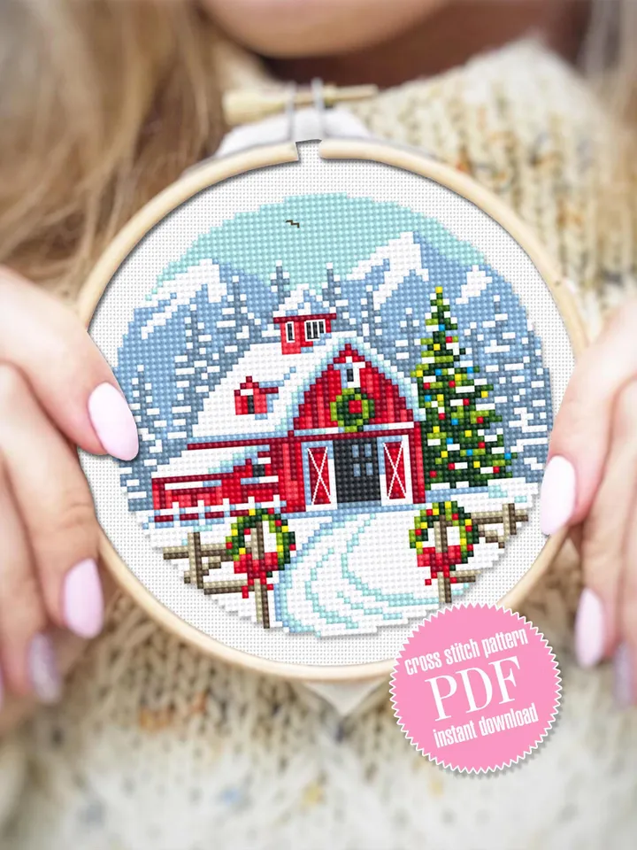 Christmas houses cross stitch pattern PDF download Winter landscape cross stitch chart, Merry Christmas pattern digital PDF, Red barn #N180