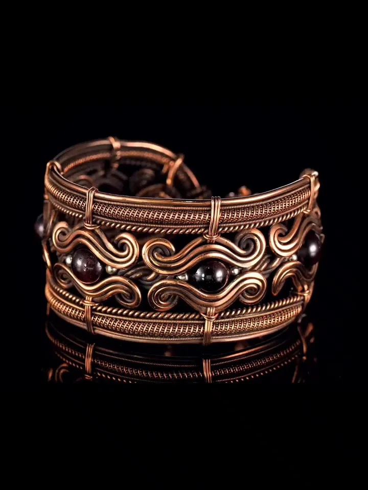 Copper wire wrapped garnet bracelet Unique bangle 7th Wedding Anniversary