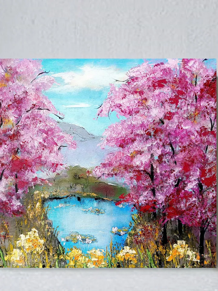 Sakura Painting Pink Blooming Original Art  16 x 20 impasto Oil Painting Japan Garden Painting Floral Wall Art Flower Oil Art Trees Artwork