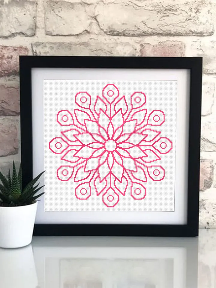 Easy mandala cross stitch pattern download PDf, Monochrome floral ornament cross stitch chart, Quick beginner stitch, DIY Home decor #M22