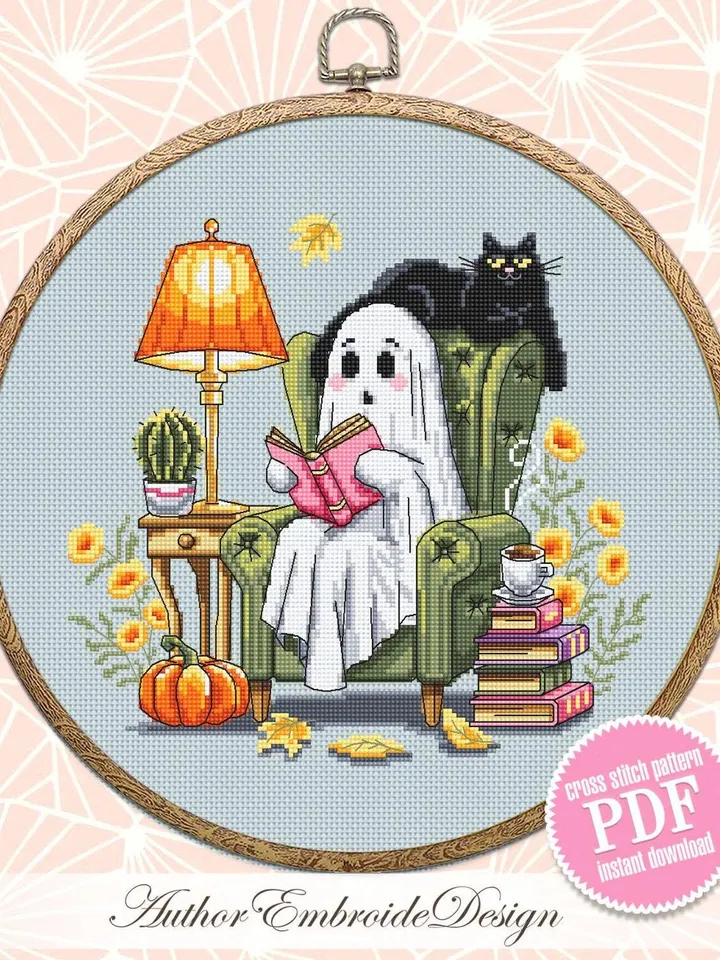 Reading ghost with black cat cross stitch pattern PDF download Cute ghost cross stitch chart, Halloween pattern digital PDF Fall leaves #H89