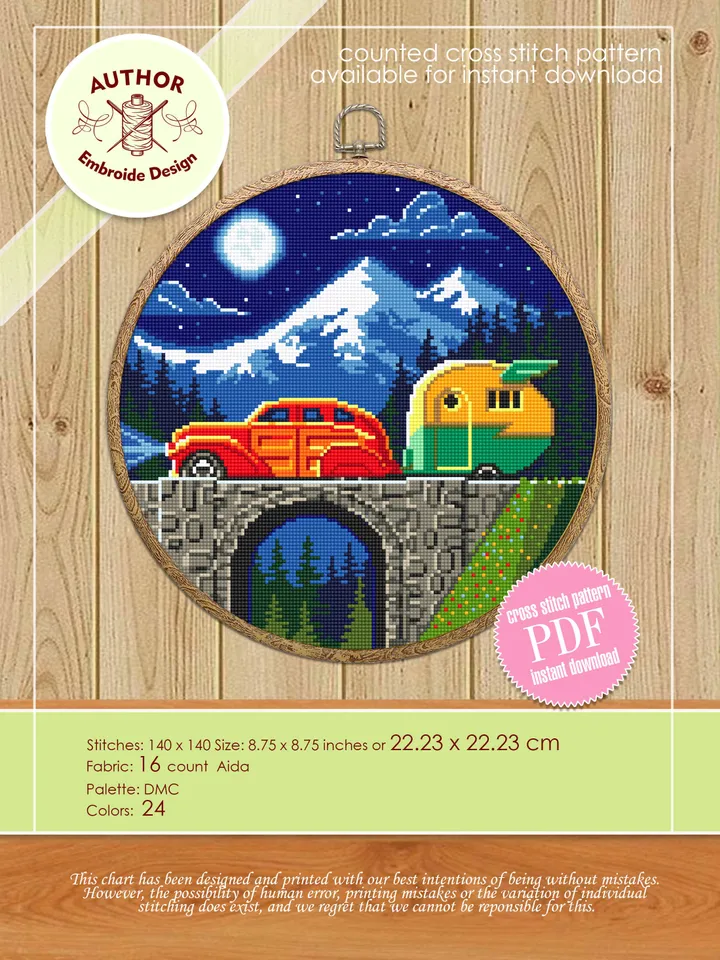 Travel cross stitch pattern download PDF Vintage travel trailer cross stitch chart Nature landscape embroidery PDF Adventure awaits #L12
