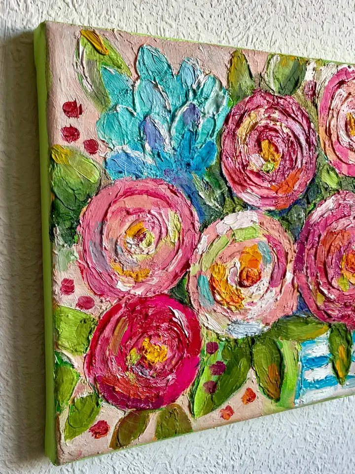 Flowers original oil painting, Rose Hydrangea canvas art Floral bouquet fine art
