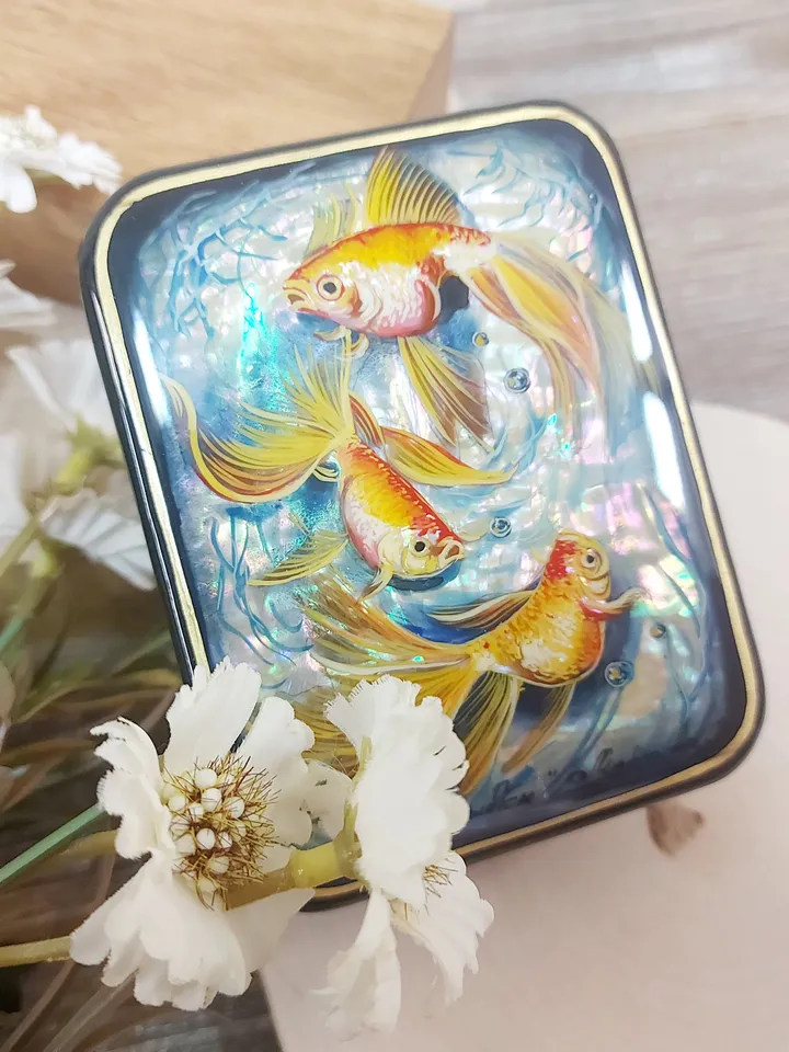 Beautiful Russian Lacquer Box "Fishes",Fedoskino miniature Hand painted ,box for jewelry Mother of pearl, Art gift