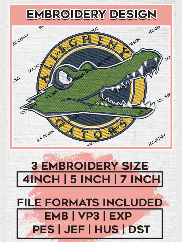 NCAA Allegheny Gators Team Round Logo Embroidery Design Files, NCAA Allegheny Gators Machine Embroidery, NCAA Teams, 3 sizes, NCAA Machine embroidery designs, Digital Download