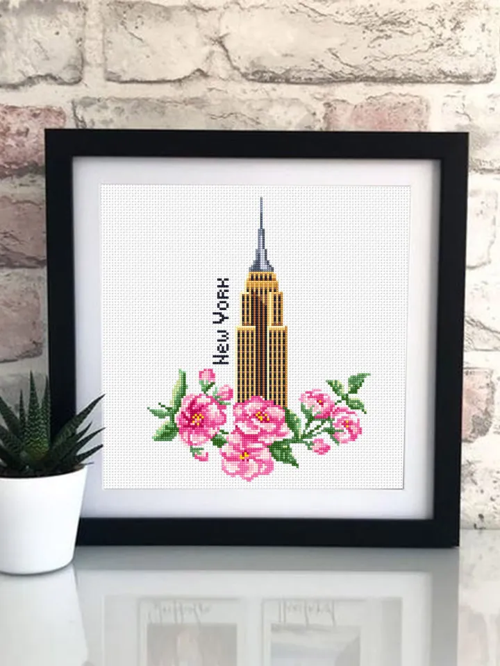 New York city cross stitch pattern download PDF Empire State Building digital Sakura flowers cross stitch chart United State pattern #E13