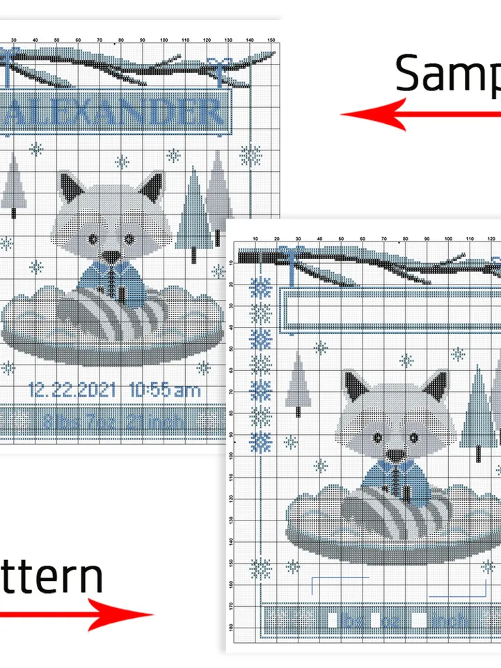 Baby Birth Announcement. Raccoon Cross Stitch Pattern. Animal Cross Stitch. DIY. Customizable New Baby.