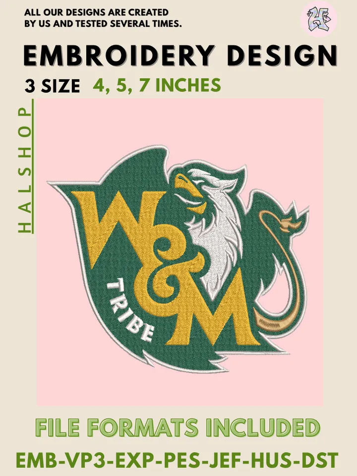 William & Mary Tribe NCAA Team Funny Mascot Logo Embroidery Design Files – College Sports Machine Embroidery, 3 Sizes, Digital Instant Download