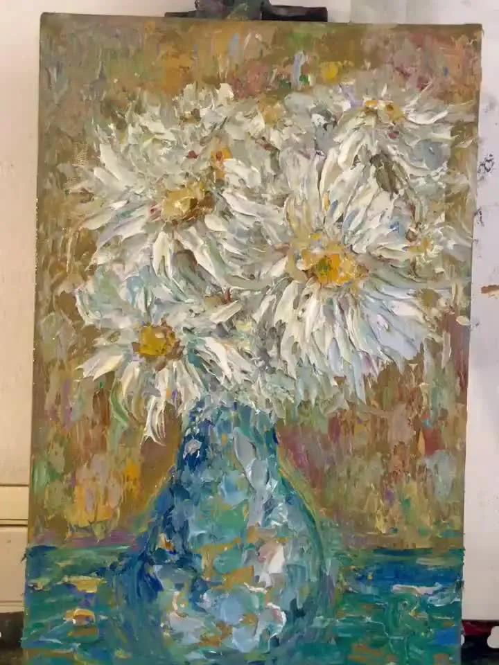 Daisies original oil impasto style painting,flowers in a vase oil painting,one of a kind original painting on 3 d canvas,flowers wall art
