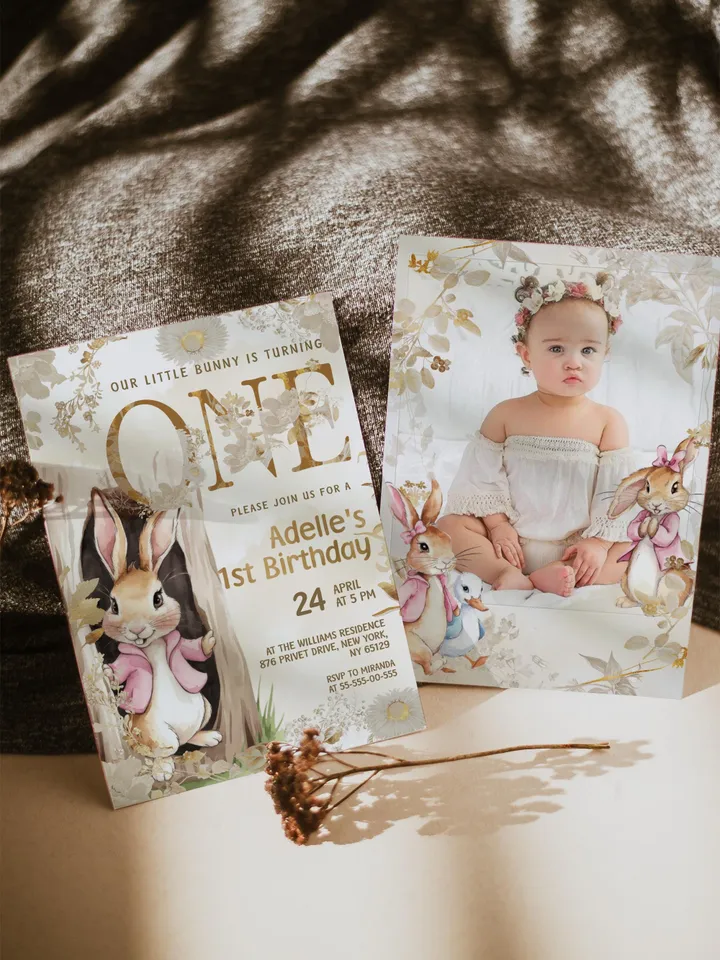 DIY Editable Baby Birthday Template large Bundle for Peter Rabbit party theme invitation banners labels milestone pr777