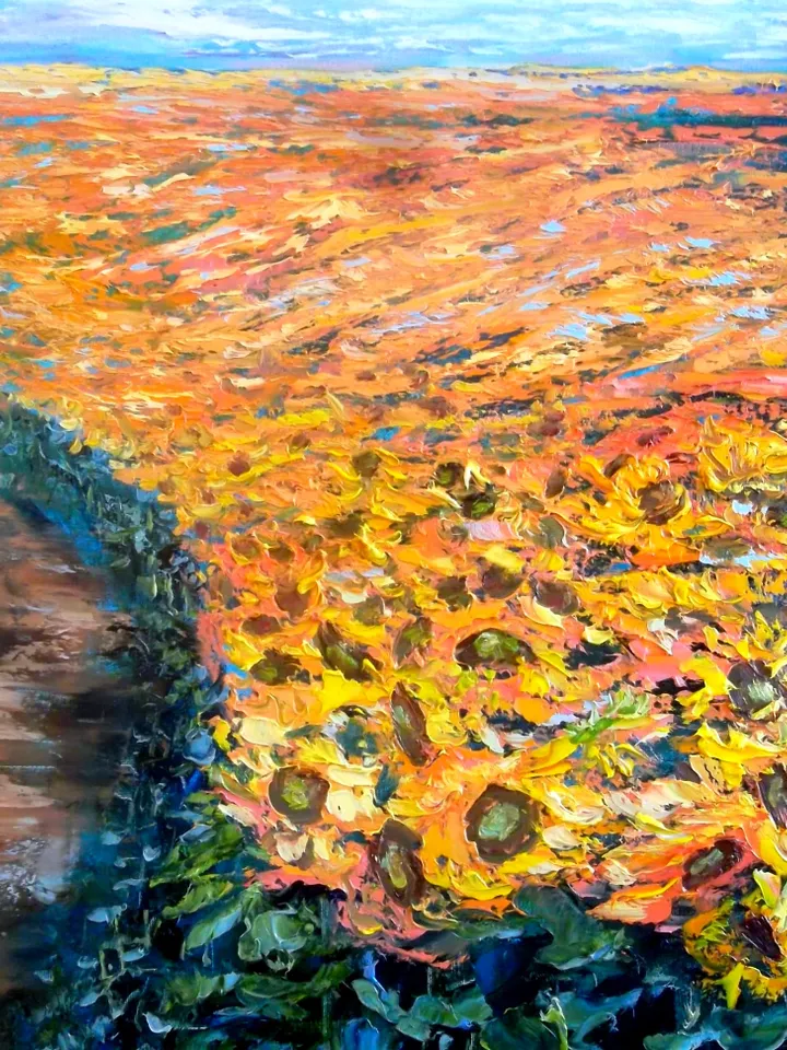 Sunflowers Field Impasto Art Original Oil Painting Large Canvas 32/40 Artist Svinar Oksana