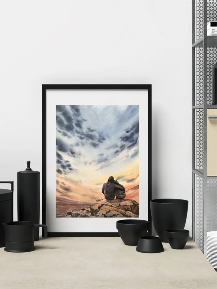 Sunset Original Seascape Painting Watercolor Romantic Painting Love Art