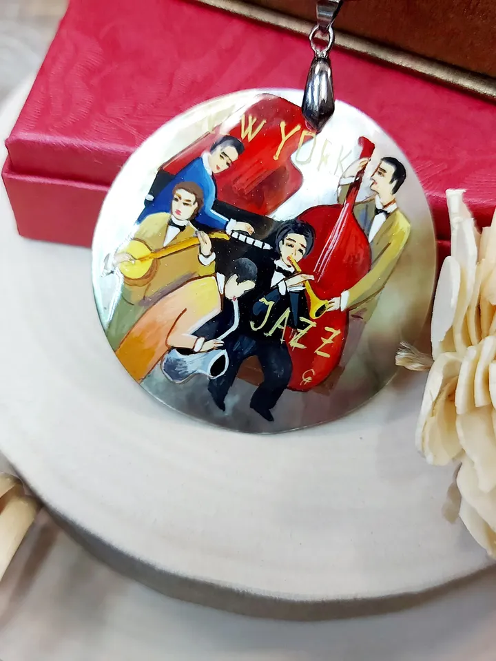 Necklace "Jazz". Mother-of-pearl Russian hand-painted. Hand paint necklace pendant. MOP.Hand painted miniature painting
