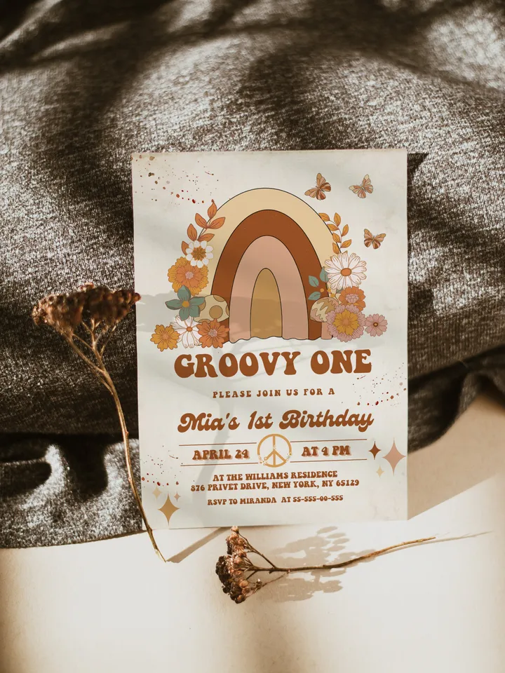 Groovy One Baby Editable Any Age Pink Groovy Van Daisy Rainbow Hippie Birthday Invitation Let's get Groovy 1st Birthday Invitation ; gr5