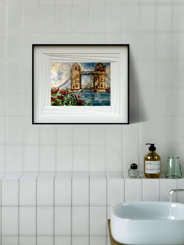 London tower bridge,original watercolour painting,London cityscape,England painting,world capitals wall art,London in flowers,home decor