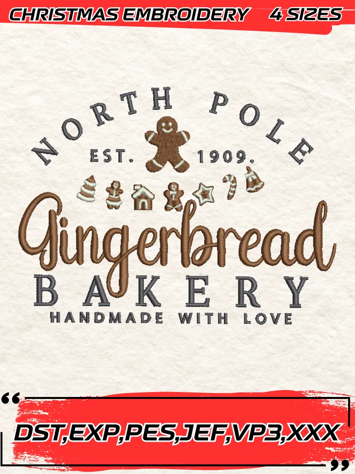 North Pole Gingerbread Bakery Embroidery Design,Christmas Embroidery Design,4 Sizes,Digital Download