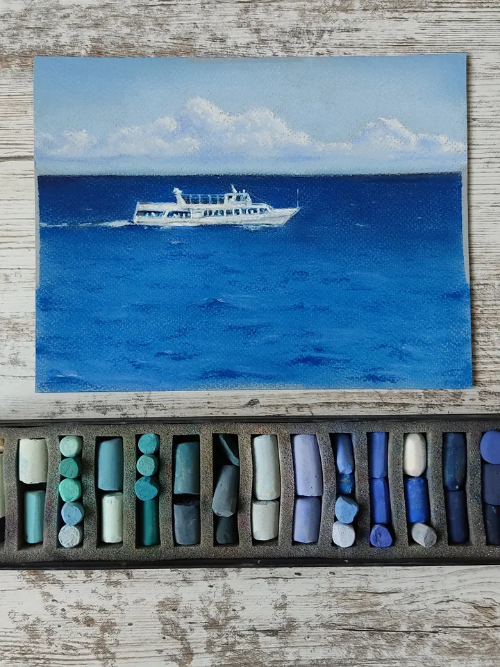 Boat at Sea. Original soft pastel drawing.