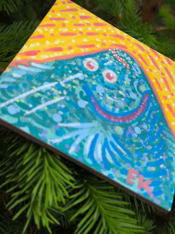 Funny Flounder Magnet Canvas (Funny flounder on a magnet canvas, kitchen decor, for the refrigerator, hand-painted, designer magnet)