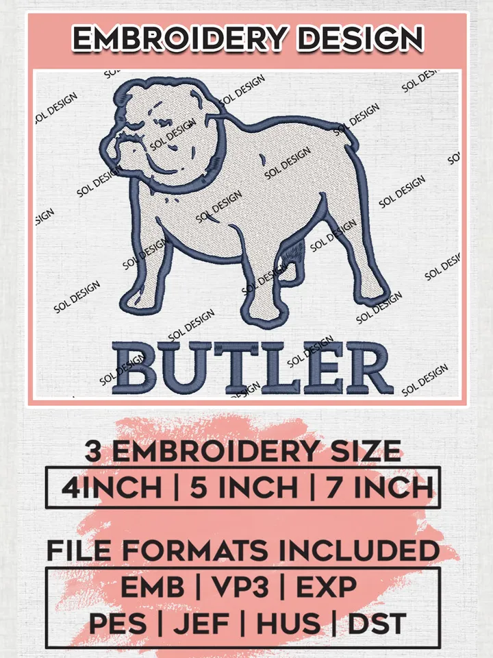 NCAA Butler Team Mascot Logo Embroidery Design Files, NCAA Butler Bulldogs Machine Embroidery, NCAA Teams, 3 sizes, NCAA Machine embroidery designs, Digital Download