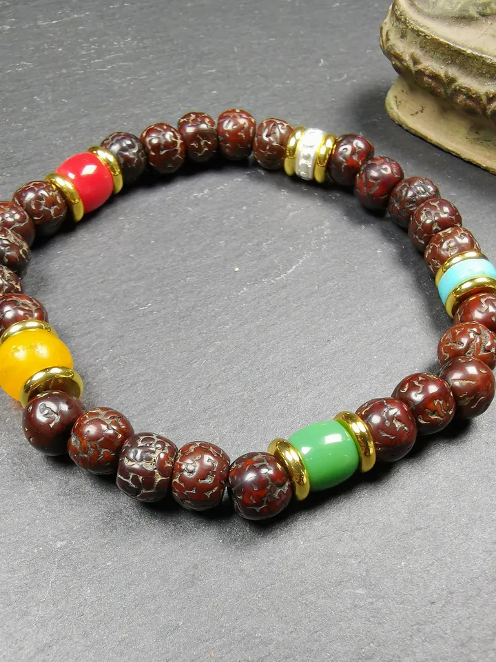 Gandhanra Old Tibetan Mala Bracelet,Unique 5 Colors Handheld Rudraksha Prayer Beads Rosary for Meditation,Circumference18cm, Diameter 8mm
