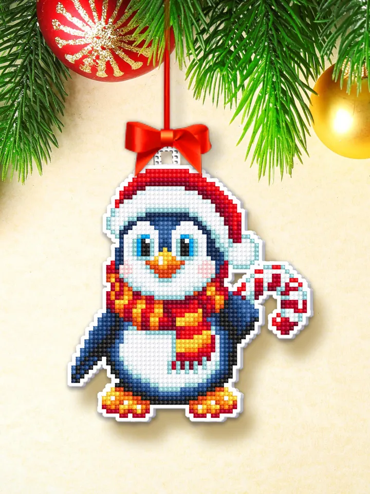Christmas penguin cross stitch pattern PDF download Double-sided Christmas tree decor for plastic canvas Baby penguin ornament pattern #N124