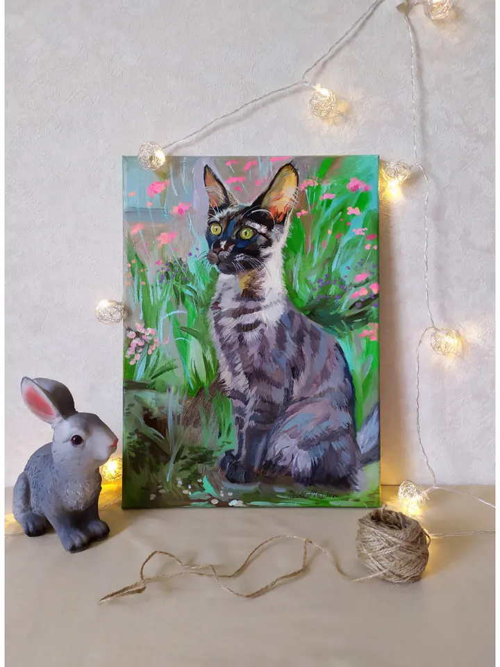 Maine Coon painting oil Animal Original Art Black Cat Artwork fine art Grey Pet canvas art by Natalia Plotnikova
