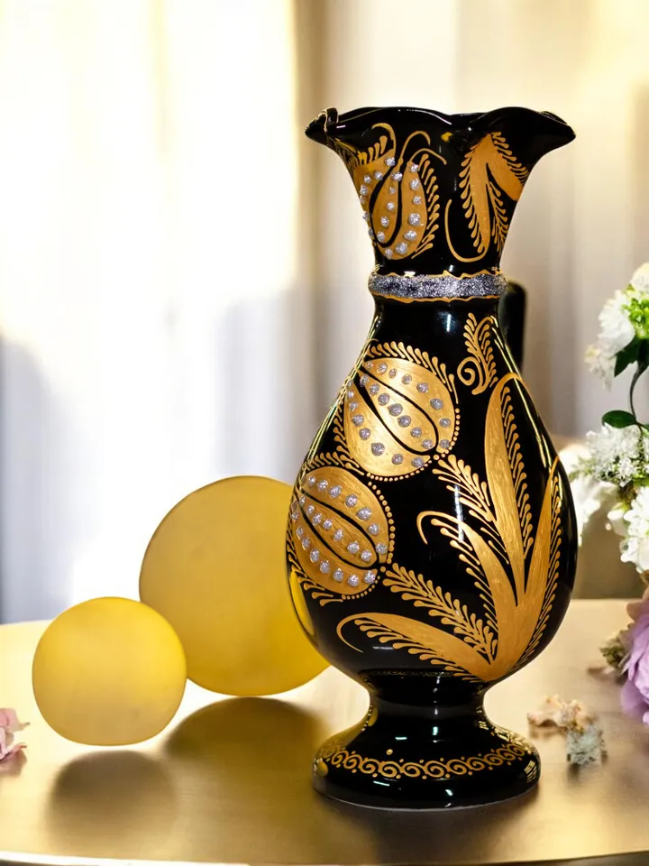 Vase For Flowers | Hand-Embellished Floral Design | Stylish Contemporary Home Decor | Decorative Black Flower Holder