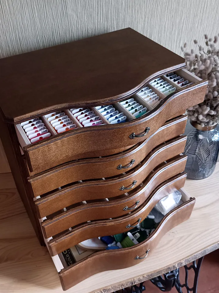 Floss storage cabinet for DMC floss bobbins and skeins, Stitching drawer box with curved faces in vintage style