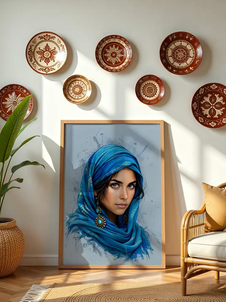 Afghan Woman Portrait Wall Art Modern Indigo Print Middle Eastern Heritage Poster Arab Woman Artwork Blue Gallery Digital Download