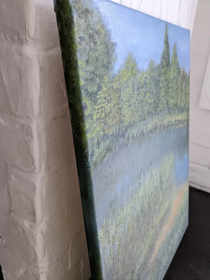 Summer landscape with a river and a sandy shore, tall grass and trees, original painting 16x12 inches