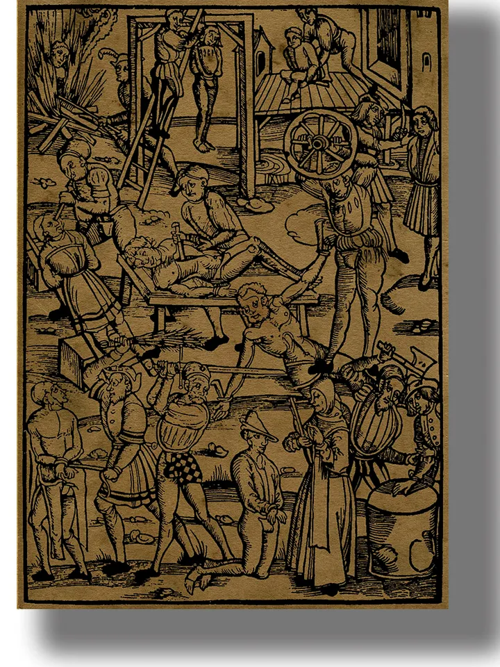 Malleus Maleficarum. Medieval Tortures of Witches. Creepy print on aged paper.