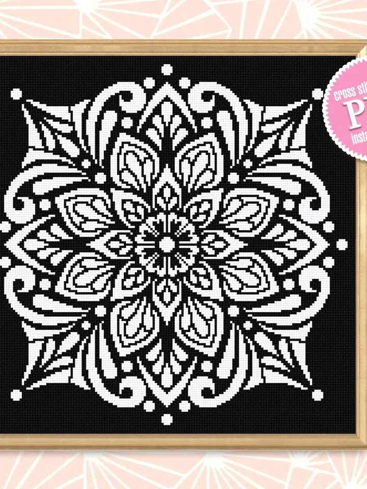 Flower mandala cross stitch pattern PDF download Square ornament cross stitch chart, Mandala pattern digital PDF, Mandala embroidery #M176