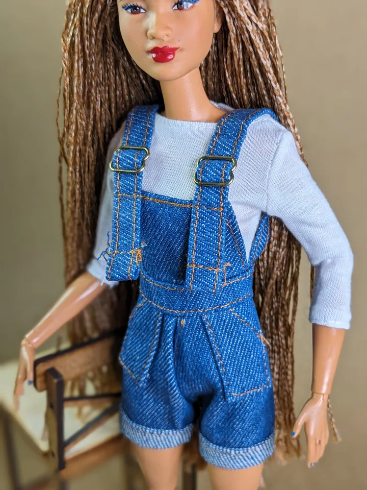Dark blue denim jumpsuit shorts for 1/6 scale fashion female dolls