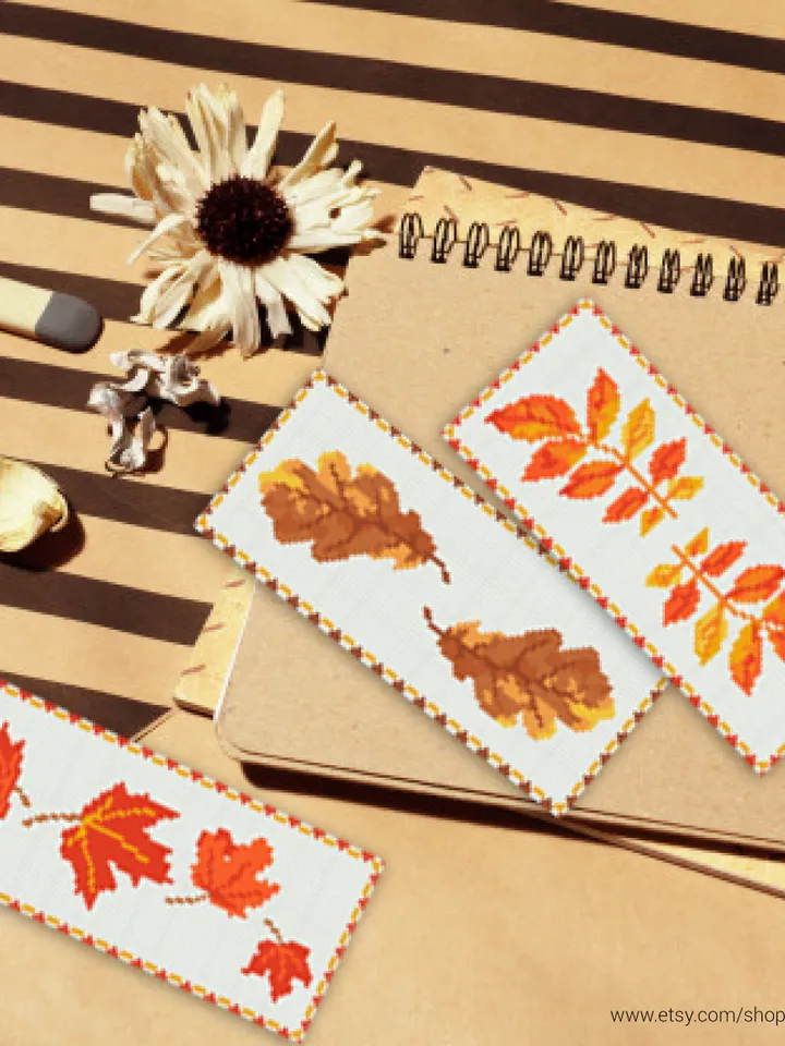 Autumn Leaves 3 Bookmarks Set Cross stitch pattern | Embroidery Pattern | Instant Download | Embroidery Designs