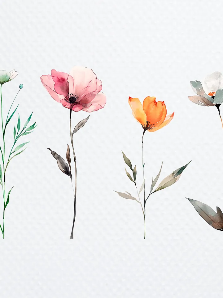 28 Minimalistic Flowers PNG Clipart, Watercolor Flowers sublimation print, Printable Wildflowers clipart, Paper craft, junk journals