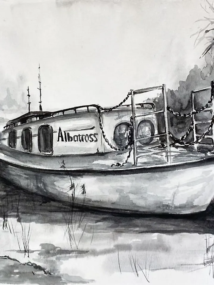 Boat painting Original watercolor painting B&W art Graphic painting Monochrome painting