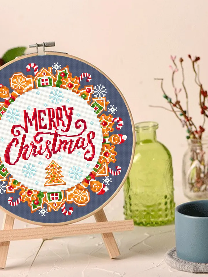 Merry Christmas cross stitch pattern download PDF Gingerbread wreath cross stitch chart Christmas pattern digital DIY Christmas decor #N23