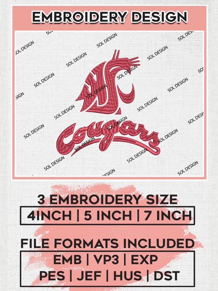 NCAA Washington State Cougars Team Logo Machine Embroidery Design, NCAA Washington State Team Design Design files, NCAA Team Embroidery Designs, NCAA Machine Embroidery Designs, Digital Download
