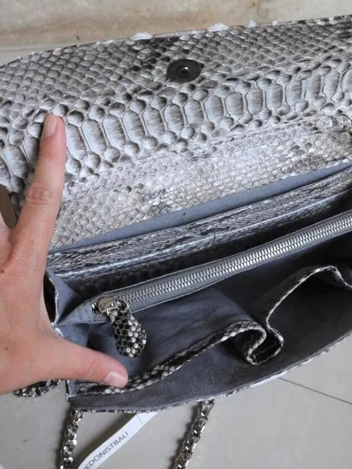 Genuine python skin classy grey flat clutch with shoulder chain | elegant evening women purse | designer leather bags | small snake bag