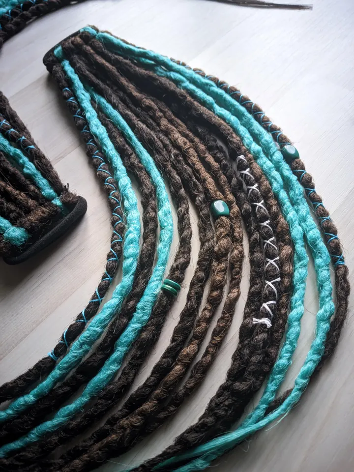 Dreads on hair tie Ponytail dreadlocks for party Brown mix with mint crochet dreads with decorations Bohemian boho hippie hairstyle