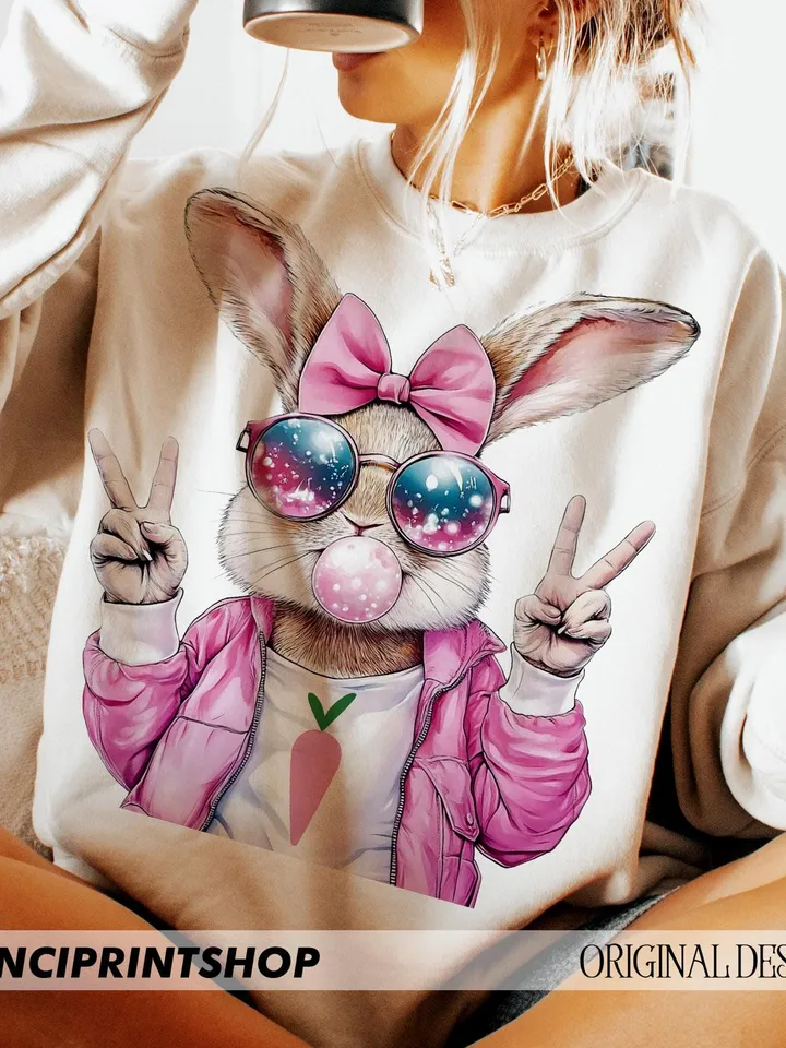 Retro Easter Bunny Blowing Bubble PNG, Easter Bunny png, Easter png, Funny Easter Bunnie Sunglasses, Retro Easter png, Bunny png, Spring png
