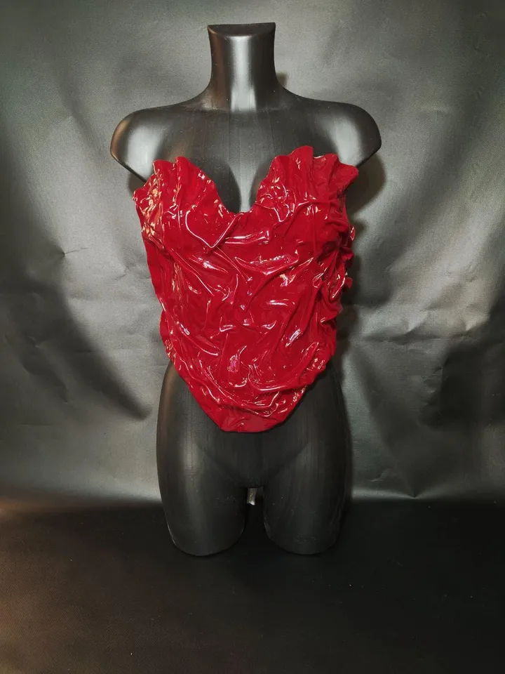 Red corset, cosplay corset, custom corset, crop top, plastic cotset, unique corset, festival corset, golden wave corset, photo props