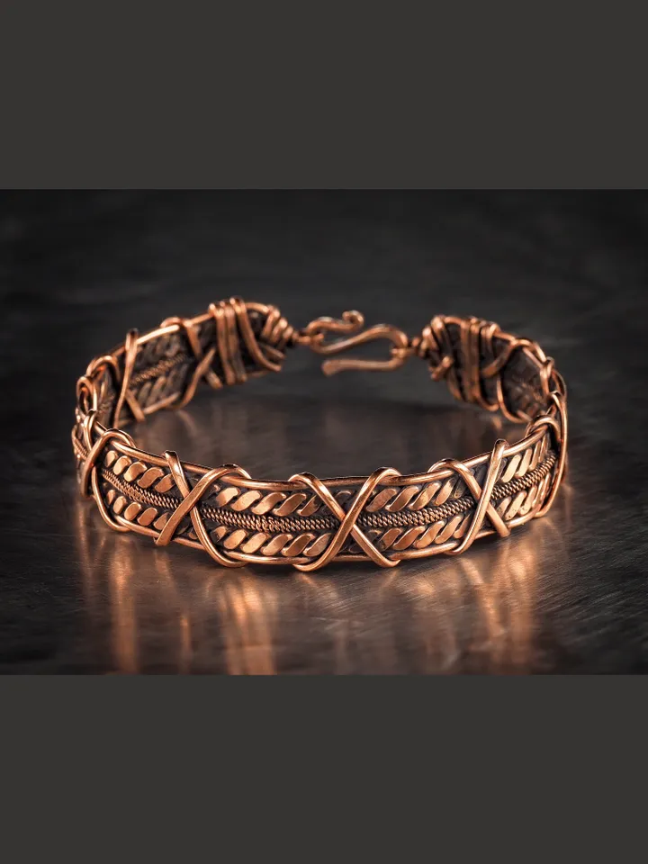 Wire wrapped bracelet, Unique 7th 22nd Anniversary gift idea, Art Nouveau antique style, One of kind braided statement bangle, Handmade oxidized pure copper jewelry, Pain relief, EMF protection